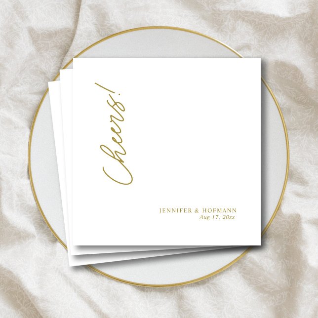 Elegantes Gold "Cheers"! Personalisierte Weiße Hoc Serviette (Elegant Gold "Cheers!" Personalized White Wedding Napkins)