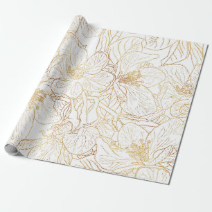 Elegantes Gold Cherry Blossom Blume Weißes Design Geschenkpapier
