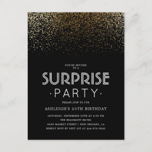 Elegantes Gold Confetti & Black Surprise Party Einladungspostkarte