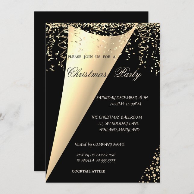 Elegantes, Gold Confetti Company Weihnachts-Party Einladung (Vorne/Hinten)