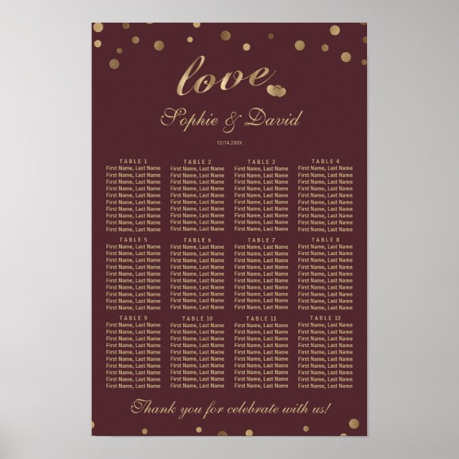 Elegantes Gold Confetti Liebe Burgundy Seating Cha Poster (Vorne)