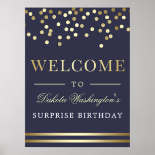 Elegantes Gold Confetti & Navy Blue Begrüßungszeic Poster
