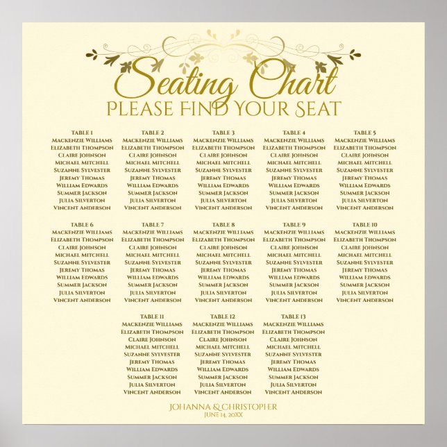 Elegantes Gold Cream 13 Table Wedding Seating Char Poster (Vorne)