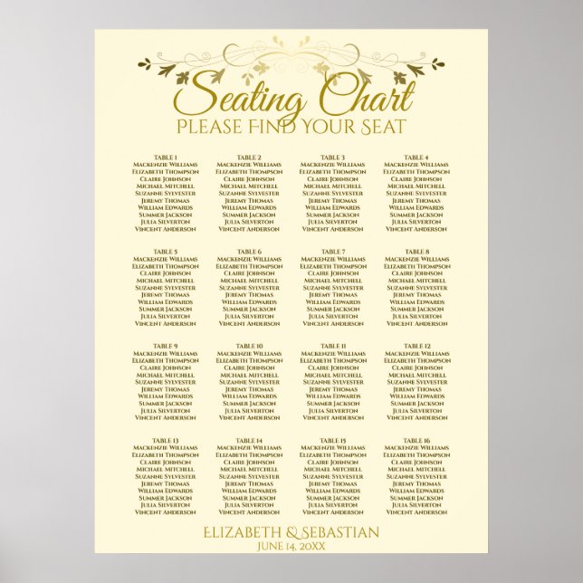 Elegantes Gold Cream 16 Table Wedding Seating Char Poster (Vorne)