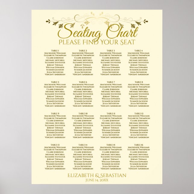 Elegantes Gold Cream 16 Table Wedding Seating Char Poster (Vorne)