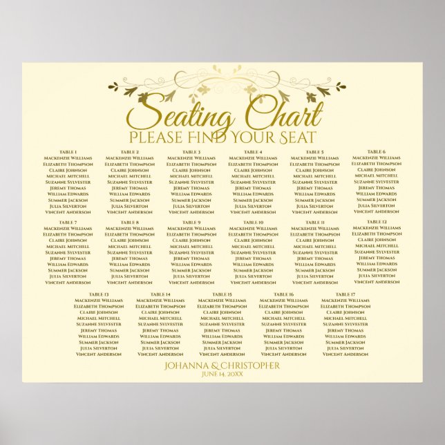 Elegantes Gold Cream 17 Table Wedding Seating Char Poster (Vorne)