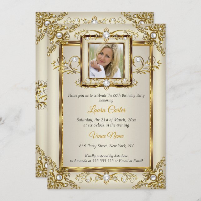 Elegantes Gold Cream Pearl Damask Foto Geburtstag Einladung (Vorne/Hinten)