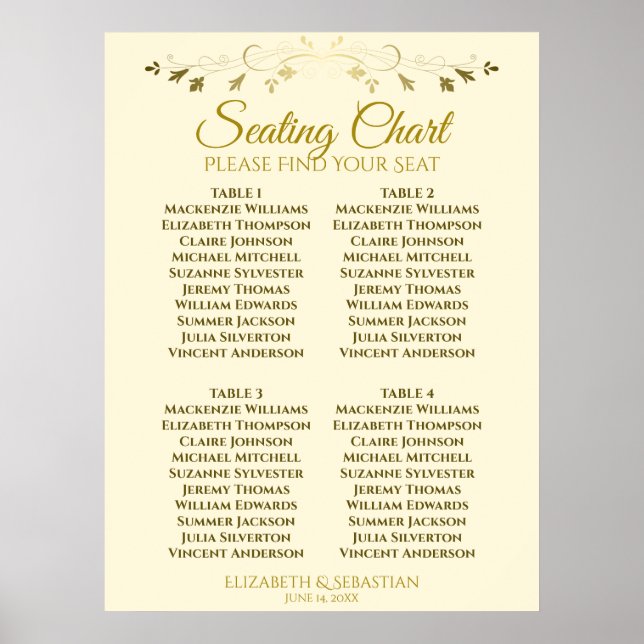 Elegantes Gold & Creme 4 Table Wedding Chart Poster (Vorne)