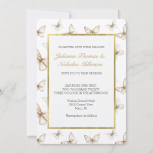 Elegantes Gold Creme Weiß Schmetterlinge Hochzeit Einladung