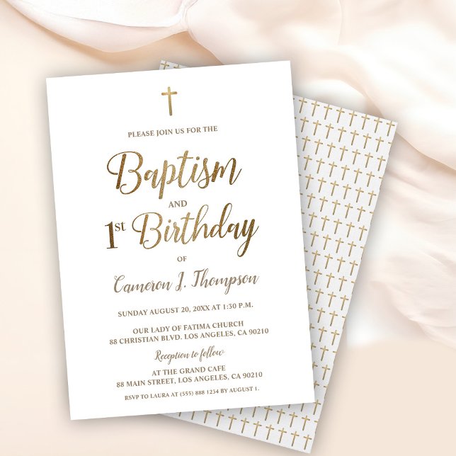 Elegantes Gold Cross Einfache Taufe und 1. Geburts Einladung (Elegant, simple baptism and first birthday - white with gold cross invitation. )