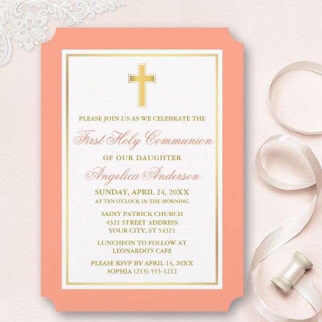 Elegantes Gold Cross Peach First Communation Einladung (Customize to change text size, style, color or to add more text or photos to back of card.)