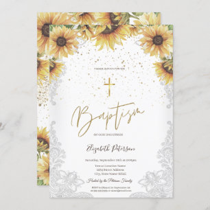 Elegantes Gold Cross Sonnenblumen Weißer Spitzen T Einladung