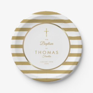 Elegantes Gold Cross Stripe Taufen Christening Pappteller
