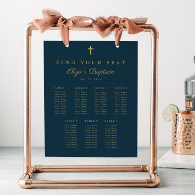 Elegantes Gold Cross Taufen Seating Chart Poster (Simple gold cross baptism seating chart sign.)