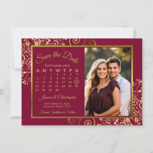 Elegantes Gold Curls Burgundy Calendar Foto Hochze Save The Date