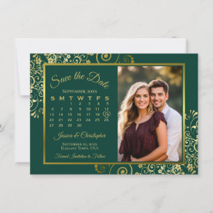 Elegantes Gold Curls Emerald Calendar Foto Hochzei Save The Date