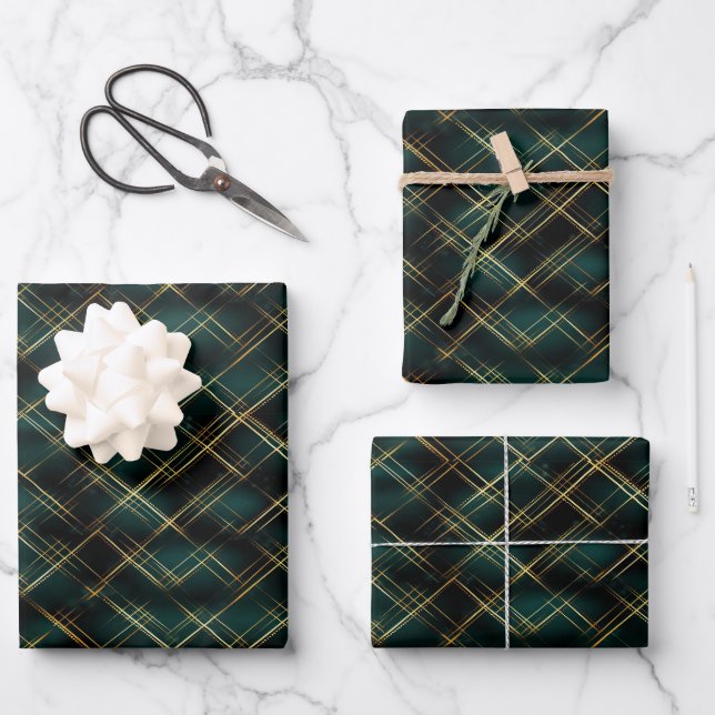 Elegantes Gold & Dark Green Tartan Karierte Weihna Geschenkpapier Set (Vorderseite)