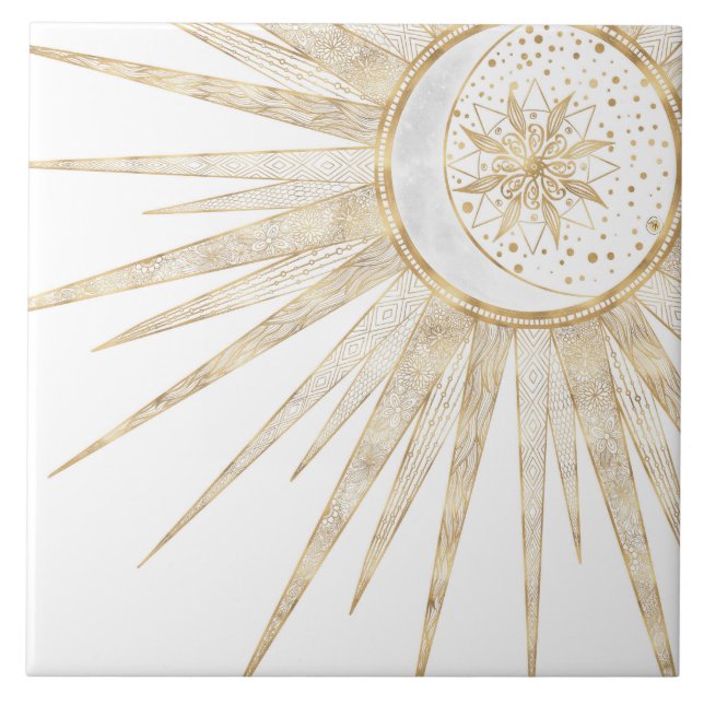 Elegantes Gold Doodles Sun Moon Mandala Design Fliese (Vorderseite)