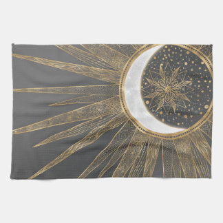 Elegantes Gold Doodles Sun Moon Mandala Design Geschirrtuch