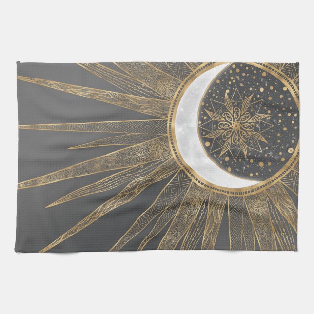 Elegantes Gold Doodles Sun Moon Mandala Design Geschirrtuch (Horizontal)