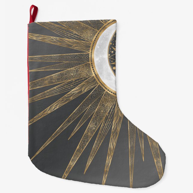 Elegantes Gold Doodles Sun Moon Mandala Design Großer Weihnachtsstrumpf (Vorderseite)