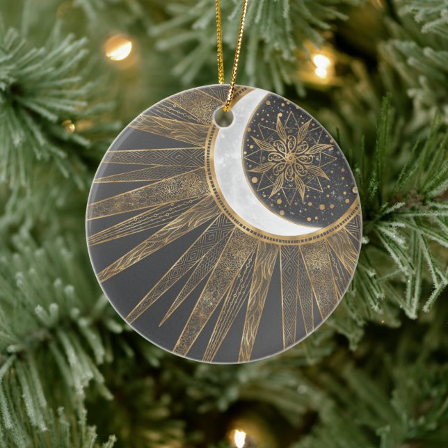 Elegantes Gold Doodles Sun Moon Mandala Design Keramik Ornament (Baum)