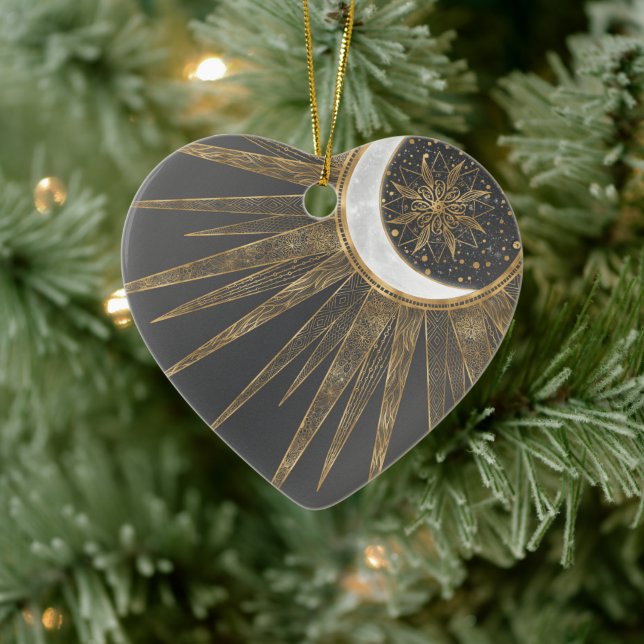 Elegantes Gold Doodles Sun Moon Mandala Design Keramik Ornament (Baum)