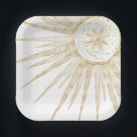 Elegantes Gold Doodles Sun Moon Mandala Design Pappteller<br><div class="desc">Dieses wunderschöne, mystische, weiße, goldene Sonne und halbmondfarbener Mond mandala Universum Thema ästhetische Design ist perfekt für Wohngestaltung, Alltagsmode oder besondere Ereignisse verzaubert Dekoration. Ein hübsches, skurriles, weißes, goldenes und mondfarbenes Mandala-Design mit Blume und Blätter, Doodles, Sternen, Punkten, Diamanten, Kreisen, Dreiecken und geometrischen Formen im Meerjungstatzenformat, mit einer halbmondglühenden Bühne,...</div>