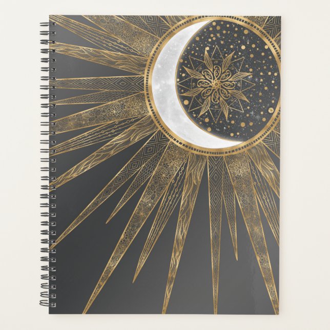 Elegantes Gold Doodles Sun Moon Mandala Design Planer (Vorderseite)
