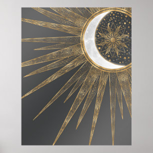 Elegantes Gold Doodles Sun Moon Mandala Design Poster
