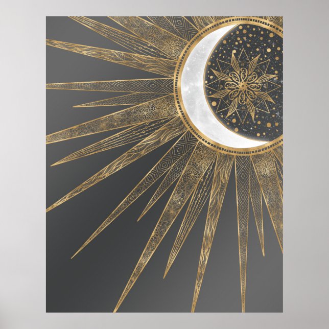 Elegantes Gold Doodles Sun Moon Mandala Design Poster (Vorne)