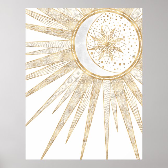 Elegantes Gold Doodles Sun Moon Mandala Design Poster (Vorne)