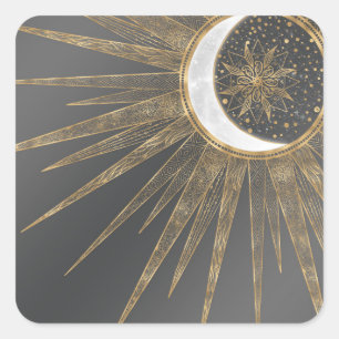 Elegantes Gold Doodles Sun Moon Mandala Design Quadratischer Aufkleber