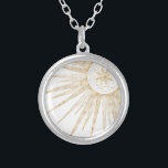 Elegantes Gold Doodles Sun Moon Mandala Design Versilberte Kette<br><div class="desc">Dieses wunderschöne, mystische, weiße, goldene Sonne und halbmondfarbener Mond mandala Universum Thema ästhetische Design ist perfekt für Wohngestaltung, Alltagsmode oder besondere Ereignisse verzaubert Dekoration. Ein hübsches, skurriles, weißes, goldenes und mondfarbenes Mandala-Design mit Blume und Blätter, Doodles, Sternen, Punkten, Diamanten, Kreisen, Dreiecken und geometrischen Formen im Meerjungstatzenformat, mit einer halbmondglühenden Bühne,...</div>