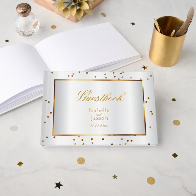 Elegantes Gold Dots und White Satin Guestbook Gästebuch (Vorderseite Offen)