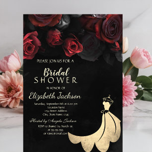 Elegantes Gold Dress Rote Rosen Schwarzes Brautpar Einladung
