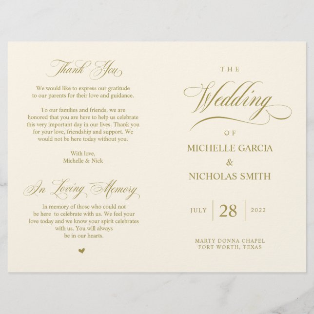 Elegantes Gold, faltbares Hochzeitsprogramm (Vorderseite)