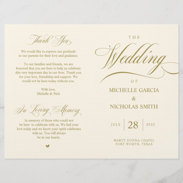 Elegantes Gold, faltbares Hochzeitsprogramm (Vorderseite)