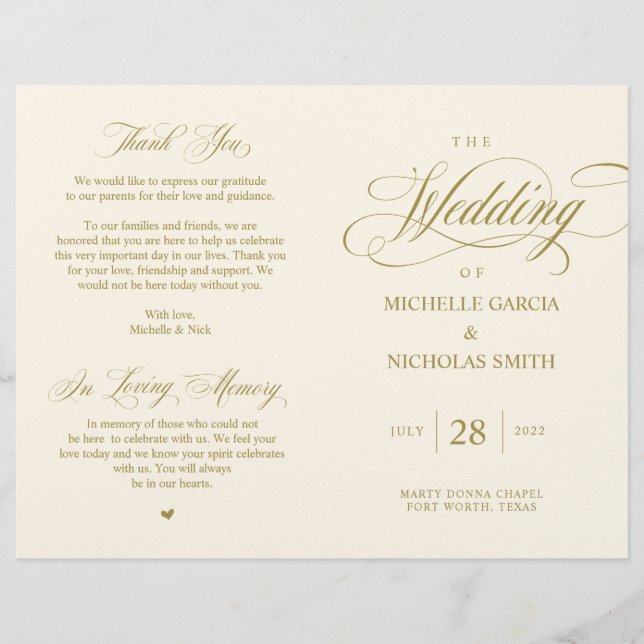 Elegantes Gold, faltbares Hochzeitsprogramm (Vorderseite)