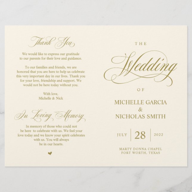 Elegantes Gold, faltbares Hochzeitsprogramm (Vorderseite)