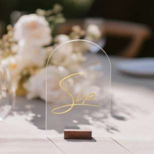 Elegantes Gold-Faux-Folie-Bogen-Acryltischschild Acryleinladungen