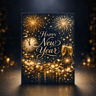 Elegantes Gold-Feuerwerk Mitternacht Frohes Neues  Feiertagskarte