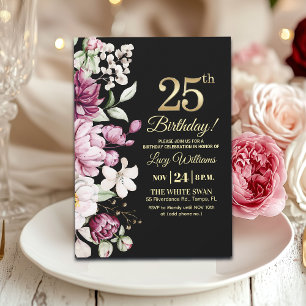 Elegantes Gold Floral 25 Geburtstagsfeier Einladung