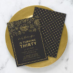 Elegantes Gold Floral 30. Geburtstag Party Einladung<br><div class="desc">Elegante florale Party Einladung zum 30. Geburtstag mit Imitaten goldene Folie floral und Rand vor einem dunkelgrauen Hintergrund auf der Vorderseite. Die Einladung hat ein Imitat goldenes Polka Punktmuster auf einer dunkelgrauen Hinterseite. Personalisieren Sie diese Einladung mit Ihren Daten, indem Sie den Platzhalter-Text ersetzen. Für weitere Optionen, wie zum Beispiel...</div>