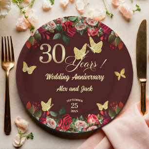 Elegantes Gold Floral 30. Hochzeitstag Jubiläum Pappteller