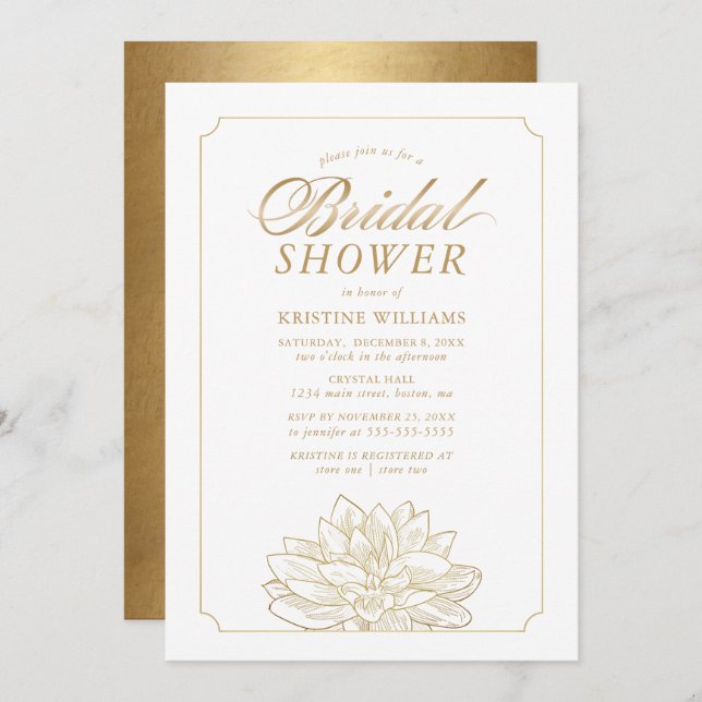 Elegantes Gold Floral auf weißem Brautparty Einladung (Vorne/Hinten)