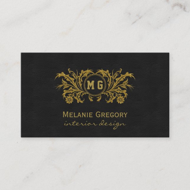 Elegantes Gold Floral Black Custom Monogram Visitenkarte (Vorderseite)