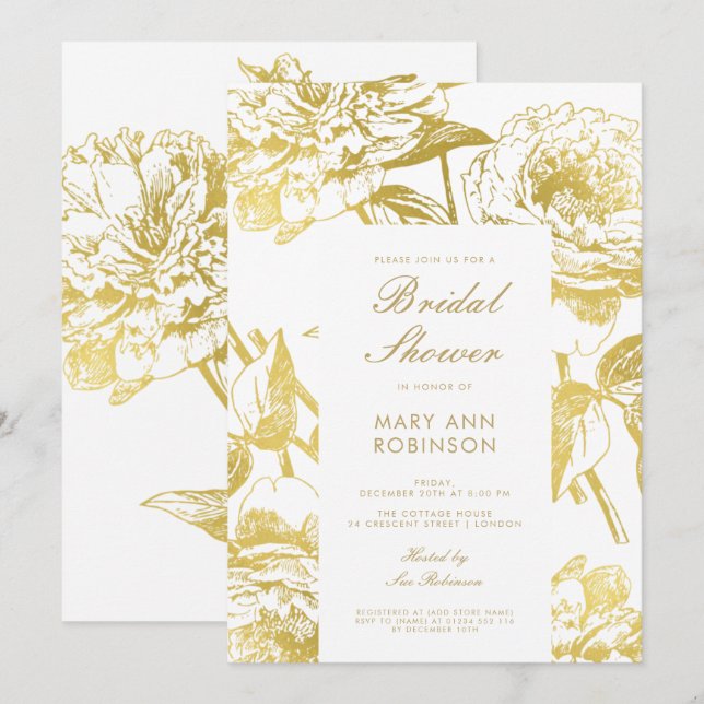 Elegantes Gold Floral Brautparty Einladung (Vorne/Hinten)