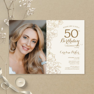 Elegantes Gold Floral Foto 50. Geburtstag Einladung