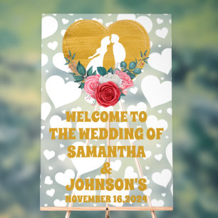 Elegantes Gold Floral Heart Wedding Willkommen Mat Acrylschild